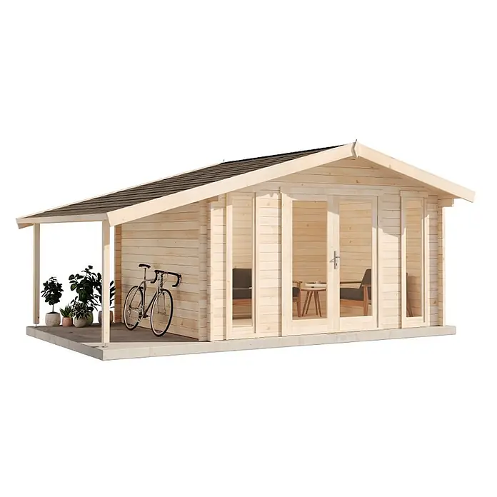 Alpholz Gartenhaus Mirko Modern - Außenmaß inkl. Dachüberstand (B x T): 549 x 350 cm, Holz, Naturbelassen - Helle Holzgartenlaube mit dunklem Dach, kleiner überdachter Veranda und Glastüren. Sichtbare Inneneinrichtung und Pflanzen auf der Veranda.