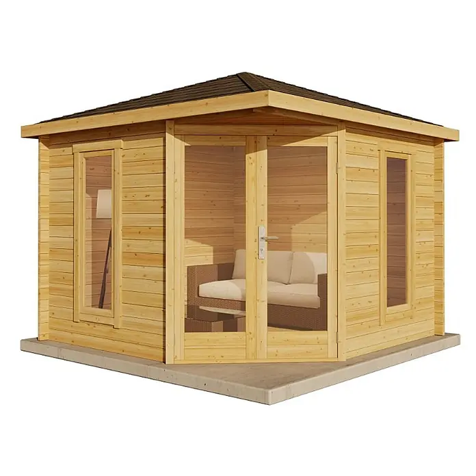 Alpholz Gartenhaus Liwa Compact - Außenmaß inkl. Dachüberstand (B x T): 312 x 312 cm, Holz, Pinie - Gartenhaus aus hellem Holz mit Glastüren, Fenstern und braunem Dach, auf Betonfundament.