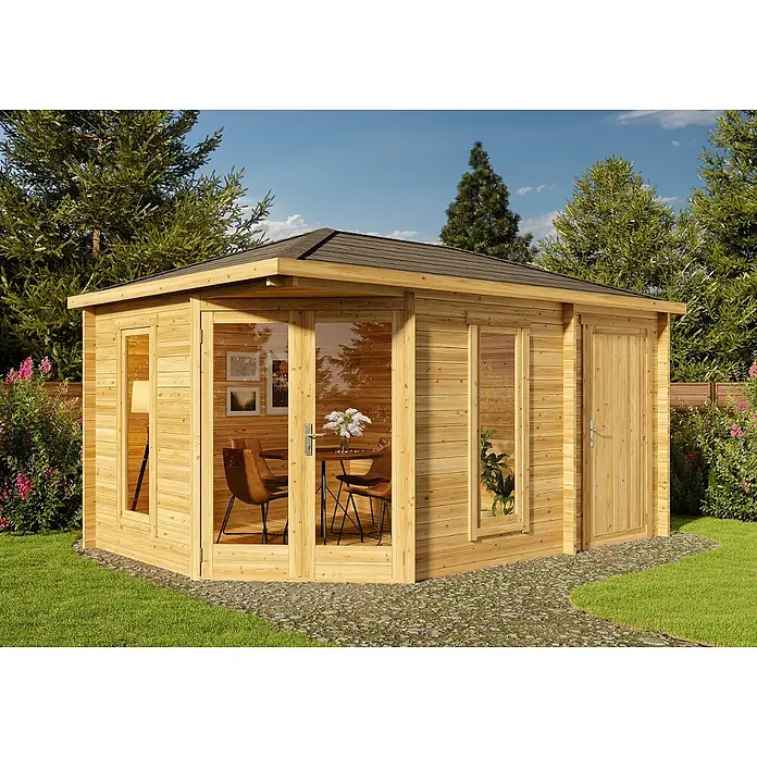 Alpholz Gartenhaus Liwa Compact - Außenmaß inkl. Dachüberstand (B x T): 452 x 312 cm, Holz, Pinie - Helle Gartenhütte aus Holz mit Glastüren und Fenstern, dunklem Dach, auf einem Steinweg.