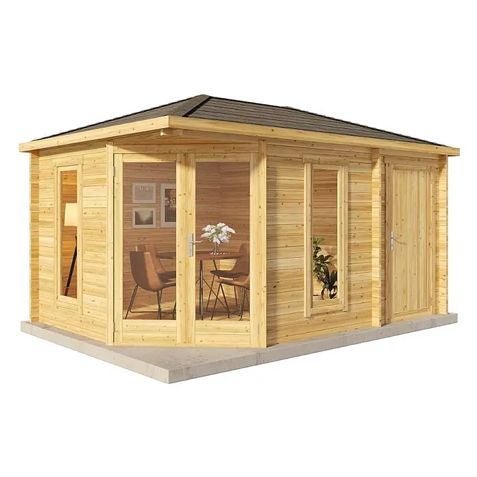 Alpholz Gartenhaus Liwa Compact - Außenmaß inkl. Dachüberstand (B x T): 452 x 312 cm, Holz, Pinie - Gartenhaus aus hellem Holz mit großen Glastüren, Fenstern und separater Holztür, dunklem Dach und auf Betonfundament.