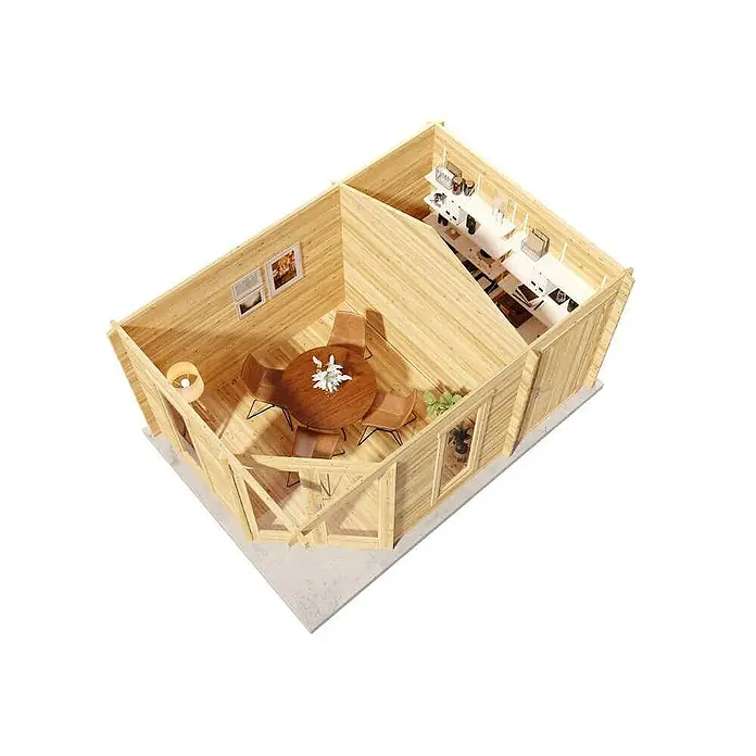 Alpholz Gartenhaus Liwa Compact - Außenmaß inkl. Dachüberstand (B x T): 452 x 312 cm, Holz, Pinie - Luftaufnahme eines hellen Holzblockhaus-Innenraums, mit Essbereich und rundem Tisch sowie einem Büro-/Lagerbereich.