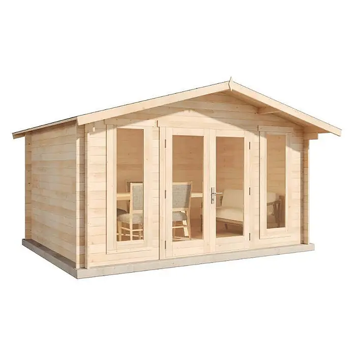 Alpholz Gartenhaus Mirko Modern - Außenmaß inkl. Dachüberstand (B x T): 440 x 350 cm, Holz, Naturbelassen - Helle Gartenhütte aus Holz mit großen Glastüren, die den Blick auf Sitzgelegenheiten im Inneren freigeben.
