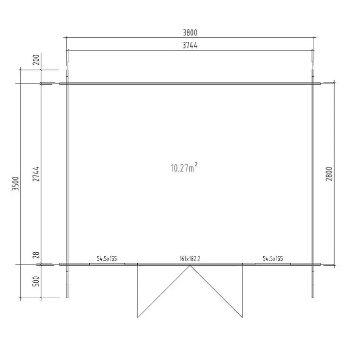 Alpholz Gartenhaus Mirko Modern - Außenmaß inkl. Dachüberstand (B x T): 440 x 350 cm, Holz, Pinie - Grundriss einer rechteckigen Hütte mit Hauptabmessungen und einer Innenfläche von 10,27 m².