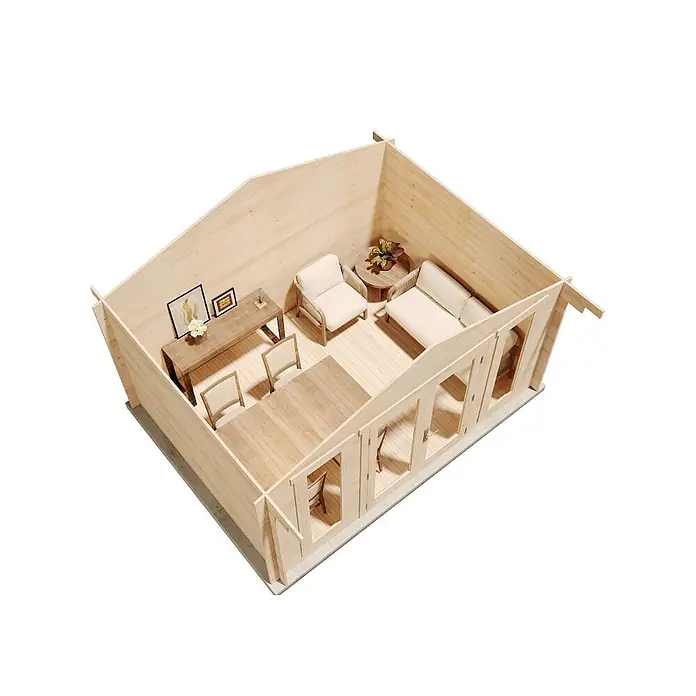 Alpholz Gartenhaus Mirko Modern - Außenmaß inkl. Dachüberstand (B x T): 440 x 350 cm, Holz, Naturbelassen - Heller Holz-Hütteninnenraum mit funktionaler Einrichtung, bestehend aus Schreibtisch, Stühlen, Sofa und Sessel mit Couchtisch.