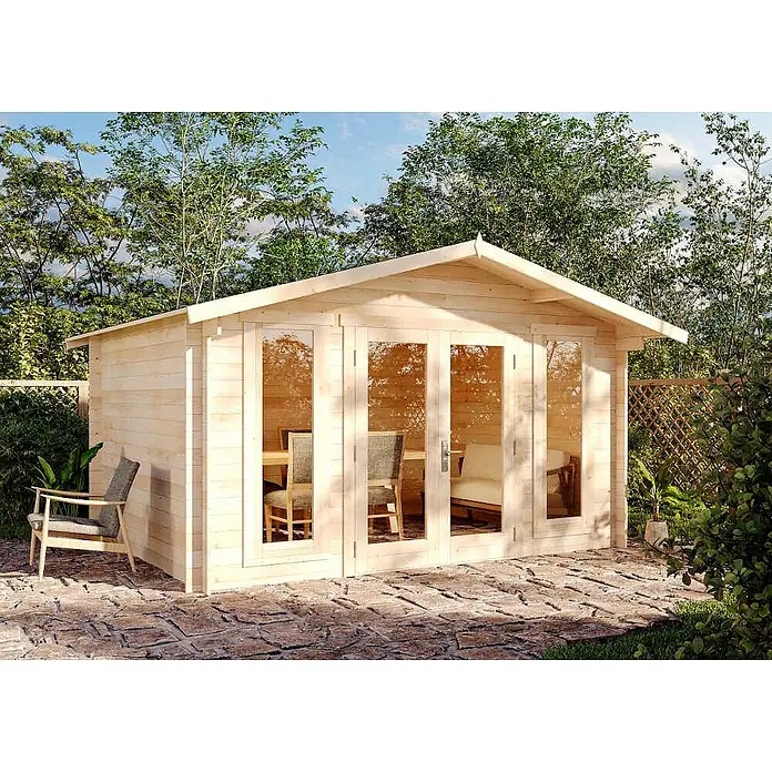 Alpholz Gartenhaus Mirko Modern - Außenmaß inkl. Dachüberstand (B x T): 440 x 350 cm, Holz, Naturbelassen - Helle Gartenhütte aus Holz mit Glastüren auf Steinpflaster in einem üppigen Garten.