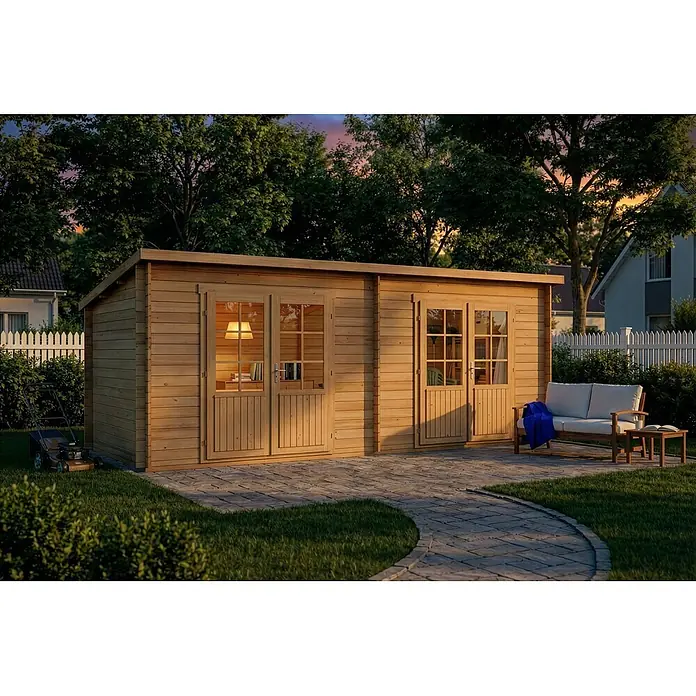 Alpholz Gartenhaus Maria Twin - Außenmaß inkl. Dachüberstand (B x T): 598 x 272 cm, Holz, Naturbelassen - Hölzernes Gartenhaus mit zwei Doppeltüren, eine Seite als Büro eingerichtet, die andere als Stauraum, im Garten.