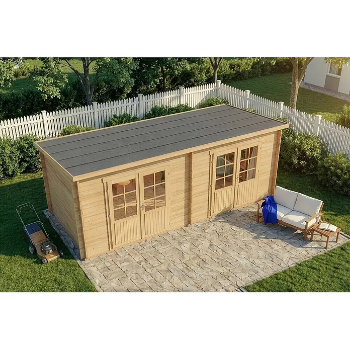 Alpholz Gartenhaus Maria Twin - Außenmaß inkl. Dachüberstand (B x T): 598 x 272 cm, Holz, Naturbelassen - Hölzernes Gartenhaus mit Doppeltüren und Fenstern, flachem dunklem Dach, auf einer gepflasterten Terrasse.
