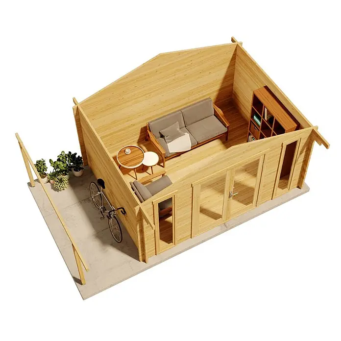 Alpholz Gartenhaus Mirko Modern - Außenmaß inkl. Dachüberstand (B x T): 549 x 350 cm, Holz, Pinie - Helle Holz-Gartenhütte, innen mit Sofa und Bücherregal eingerichtet, mit angrenzender Terrasse und Fahrrad.
