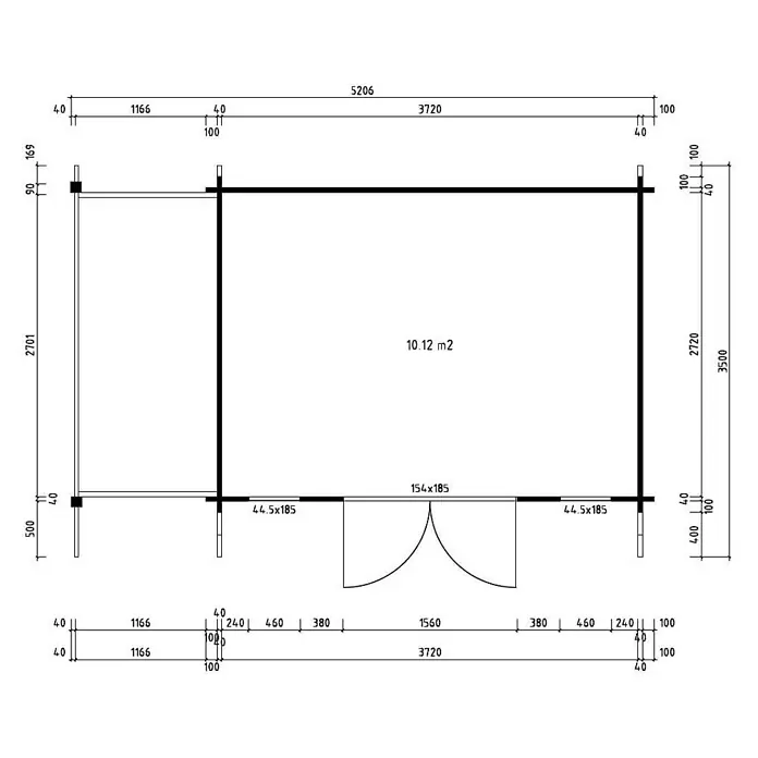 Alpholz Gartenhaus Mirko Modern - Außenmaß inkl. Dachüberstand (B x T): 549 x 350 cm, Holz, Pinie - Technische Zeichnung eines Grundrisses für ein kleines Gebäude mit Maßen und einer Innenfläche von 10,12 m².