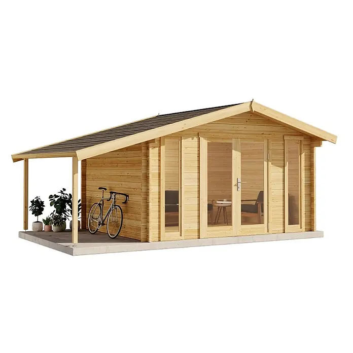 Alpholz Gartenhaus Mirko Modern - Außenmaß inkl. Dachüberstand (B x T): 549 x 350 cm, Holz, Pinie - Gartenhaus aus hellem Holz mit schrägem dunklem Dach, Veranda und großen Glastüren.