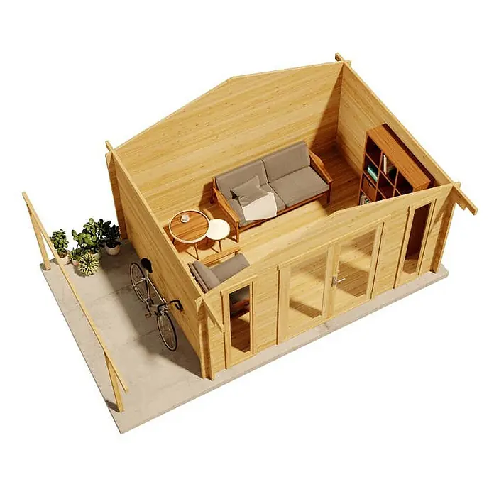 Alpholz Gartenhaus Mirko Modern - Außenmaß inkl. Dachüberstand (B x T): 549 x 350 cm, Holz, Pinie - Helle Holzhütte mit offenem Dach, innen mit Sofa, Tisch, Bücherregal und außen mit Terrasse, Pflanzen und Fahrrad.