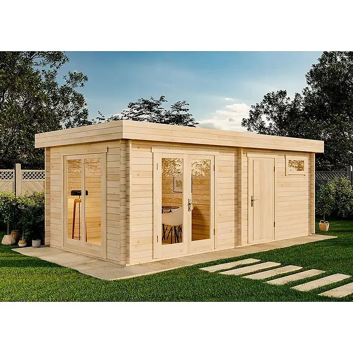 Alpholz Gartenhaus Vönix - Außenmaß inkl. Dachüberstand (B x T): 618 x 320 cm, Holz, Naturbelassen - Helles Gartenhaus aus Holz mit großen Glastüren und angeschlossenem Geräteschuppen, auf Betonfundament.