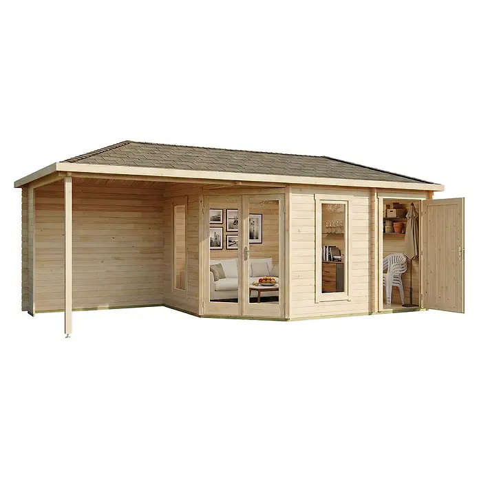 Alpholz Gartenhaus Liwa - Außenmaß inkl. Dachüberstand (B x T): 728 x 317 cm, Holz, Naturbelassen - Mehrzweck-Holzgartenhaus mit Schindeldach, inklusive überdachtem Patio, Wohnbereich und Abstellraum.