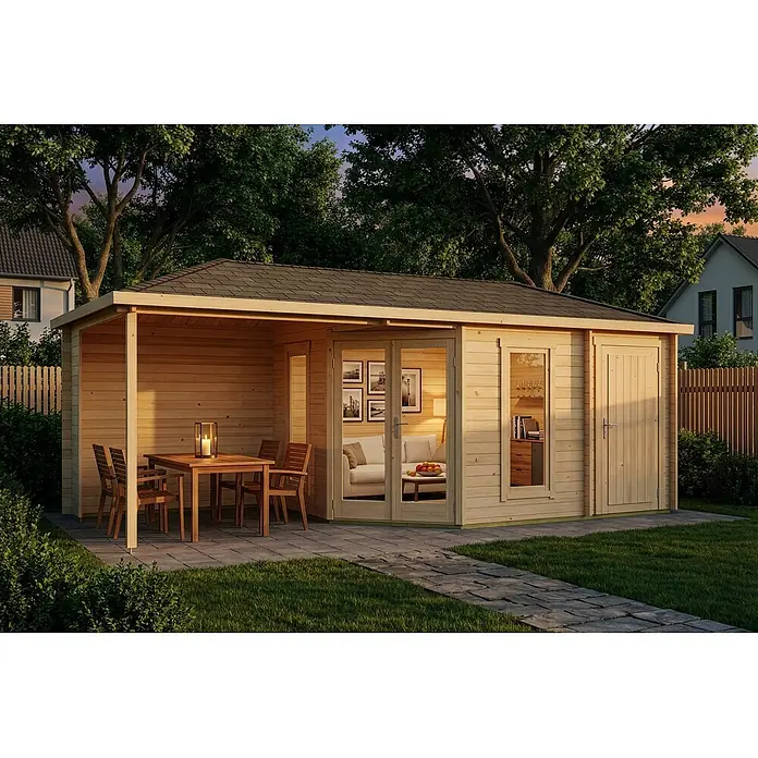 Alpholz Gartenhaus Liwa - Außenmaß inkl. Dachüberstand (B x T): 728 x 317 cm, Holz, Naturbelassen - Holzhütte mit überdachter Terrasse, ausgestattet mit Esstisch und Stühlen, in einem grünen Garten.