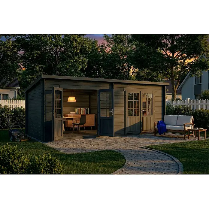 Alpholz Gartenhaus Maria Twin - Außenmaß inkl. Dachüberstand (B x T): 598 x 272 cm, Holz, Grau - Dunkelgraues Gartenbüro mit geöffneten Türen, das einen Schreibtisch und Bücher zeigt, auf einer Terrasse im Garten bei Dämmerung.