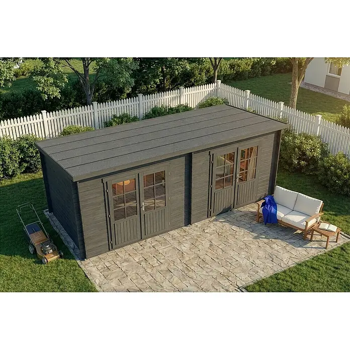 Alpholz Gartenhaus Maria Twin - Außenmaß inkl. Dachüberstand (B x T): 598 x 272 cm, Holz, Grau - Dunkelgraues Holzgartenhaus mit Glastüren und Flachdach, in einem Garten mit Terrasse und Gartenmöbeln.