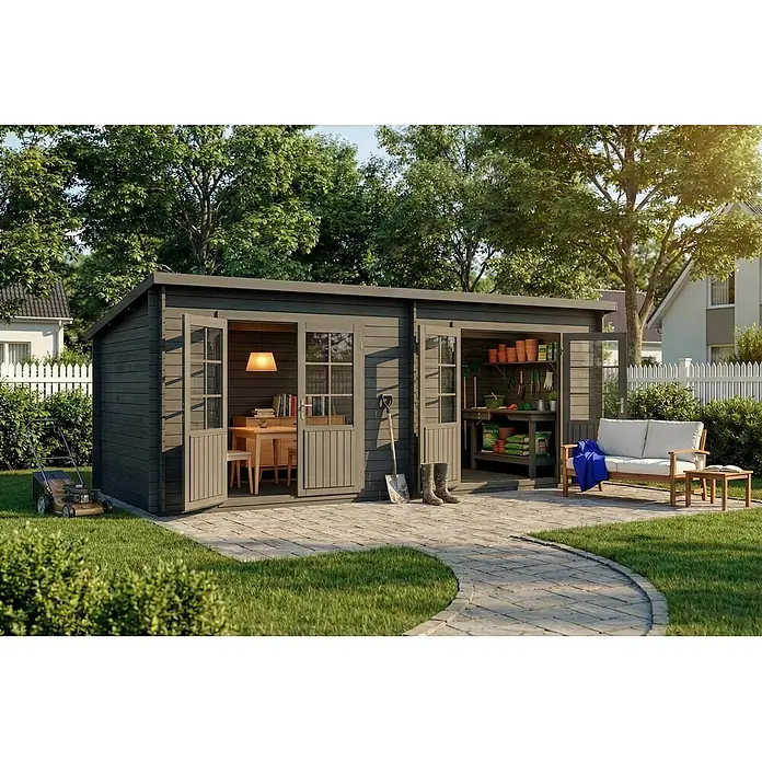 Alpholz Gartenhaus Maria Twin - Außenmaß inkl. Dachüberstand (B x T): 598 x 272 cm, Holz, Grau - Dunkelgrauer Holzgartenschuppen mit zwei Bereichen: Büro/Lounge und Geräteschuppen, daneben ein Sitzbereich im Freien.