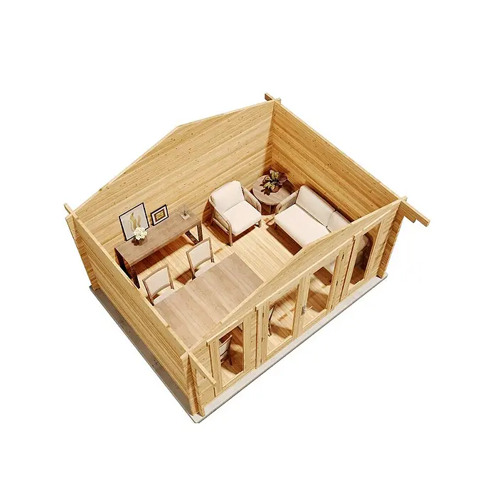 Alpholz Gartenhaus Mirko Modern - Außenmaß inkl. Dachüberstand (B x T): 440 x 350 cm, Holz, Pinie - Innenansicht einer Gartenbürohütte aus Holz mit Schreibtisch und Loungebereich.