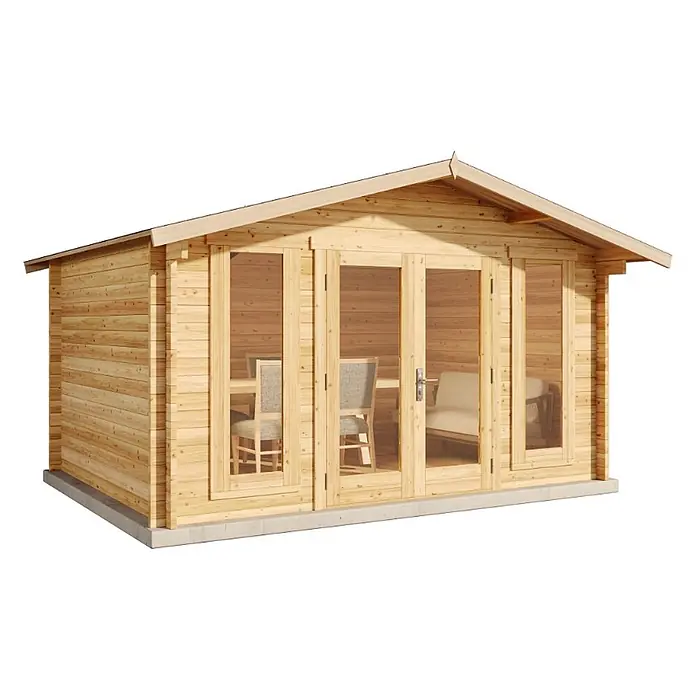 Alpholz Gartenhaus Mirko Modern - Außenmaß inkl. Dachüberstand (B x T): 440 x 350 cm, Holz, Pinie - Garten-Blockhütte aus hellem Holz mit Glastüren und Giebeldach, innen möbliert.