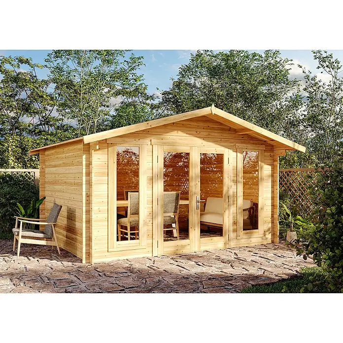 Alpholz Gartenhaus Mirko Modern - Außenmaß inkl. Dachüberstand (B x T): 440 x 350 cm, Holz, Pinie - Helles Gartenhaus aus Holz mit großen Glastüren auf einer Steinterrasse, mit Innen- und Außensitzgelegenheiten.