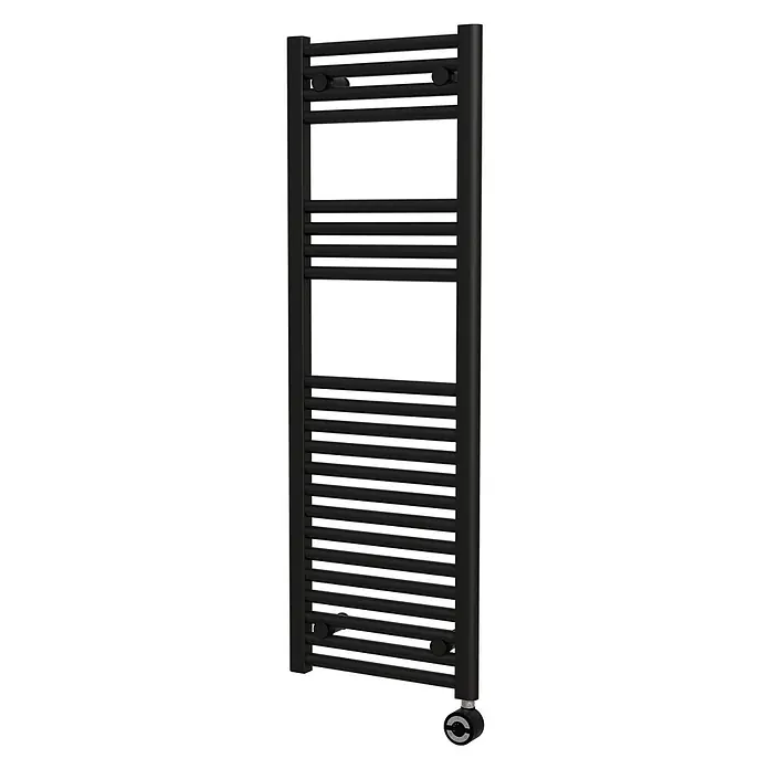 Interpromo Elektro-Badheizkörper Sonora 40 x 120 cm 400 W, Schwarz Matt inkl. Heizstab - Ausstattung Heizkörper: Entlüfter - Schwarzer elektrischer Handtuchheizkörper mit horizontalen Stangen.