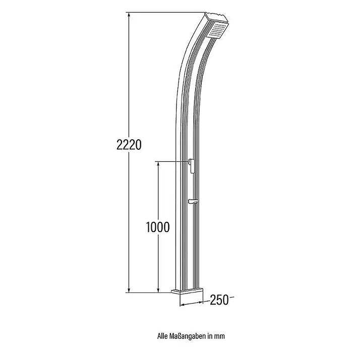 Home Deluxe Solardusche ATHEN - Höhe: 222 cm, Aluminium, Anthrazit, 30 l - Technische Zeichnung einer Duschsäule mit gebogenem Kopf und integriertem Duschkopf. Gesamthöhe 2220mm, Bedienelemente auf 1000mm, Basis 250mm.