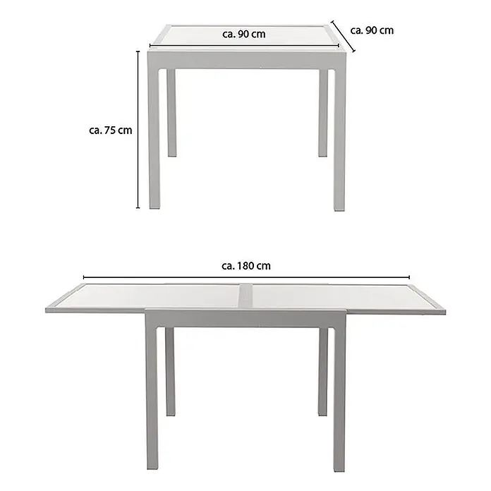 Home Deluxe Gartentisch VERANO - L x B x H: 75 x 90 x 180 cm, Anthrazit - Weißer ausziehbarer Tisch. Maße: 90x90 cm kompakt, 180x90 cm ausgezogen, 75 cm Höhe.