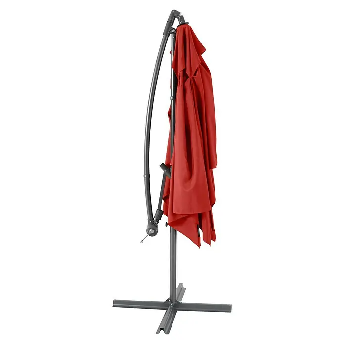 Sunfun Ampelschirm Toscana - Chili, Bespannungsmaß (L x B): 200 x 250 cm - Nahaufnahme eines geschlossenen, roten Sonnenschirms mit grauem Ständer. Ideal für den Außenbereich und zur Beschattung.