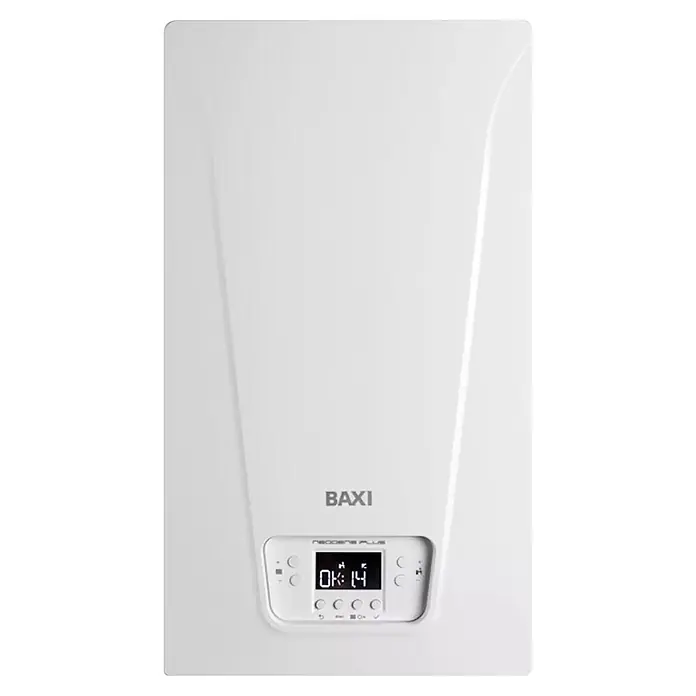 Baxi Caldera Neodens Iplus - 28 W, 8 l, Display LC - Caldera blanca BAXI NEODENS PLUS con pantalla digital que muestra 'OK:14'.