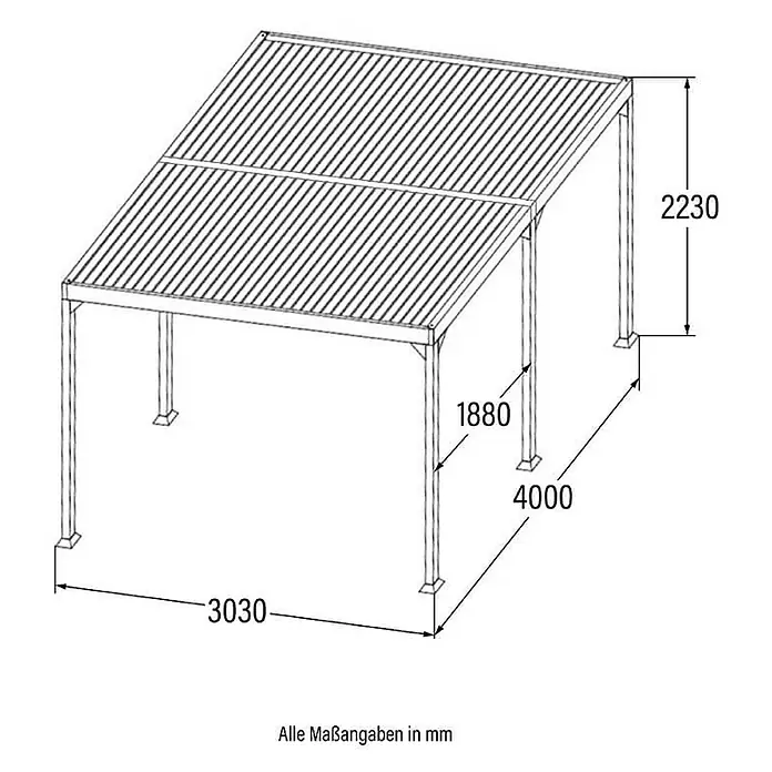 Home Deluxe Pergola CANNES - B x T: 400 x 303 cm, Farbe Gestell: Anthrazit, Aluminium - Technisches Zeichnung einer Pergola mit Lamellendach, mit Maßen.