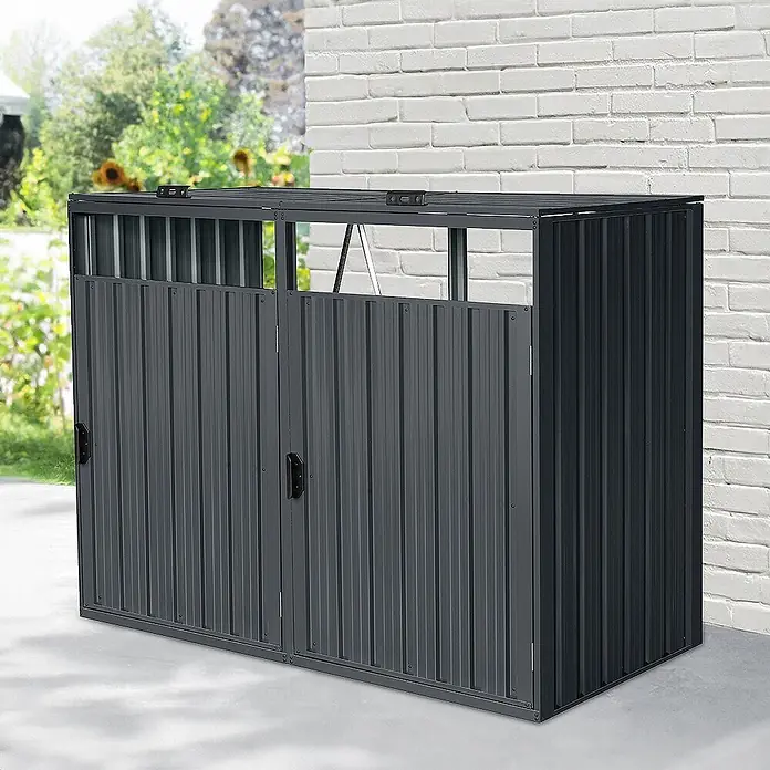 Home Deluxe Mülltonnenbox CUBO - 2x 240L - Stahl, Anthrazit, Geeignet für Anzahl Mülltonnen: 2 Stk. - Dunkelgrauer Wellblech-Außenlagerbehälter mit Doppeltüren und Klappdeckel für Mülltonnen oder Gartengeräte.
