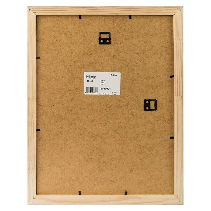 Nielsen Holzrahmen Antigo - 40 x 50 cm, Silber - Rückseite eines Nielsen Antigo Bilderrahmens in 30x40 cm mit goldfarbener Oberfläche und Aufhängungsvorrichtungen.