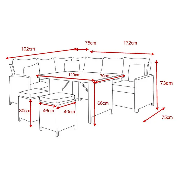 Home Deluxe Polyrattan Sitzgruppe BAHIA Ohne Regenabdeckung -  - Gartenmöbel-Set mit L-Sofa, Tisch und zwei Hockern, detaillierte Maße dargestellt.