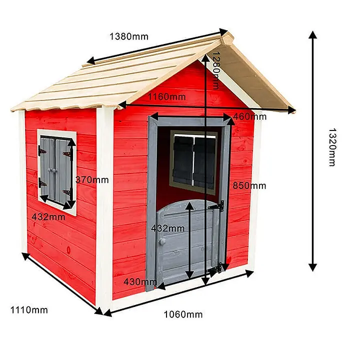 Home Deluxe Spielhaus DAS KLEINE SCHLOSS - Holz, Rot - Rotes Holzspielhaus für Kinder mit hellem Holzdach, verschiedene Maße angezeigt.