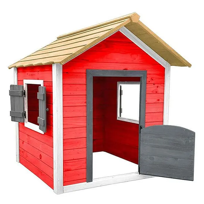 Home Deluxe Spielhaus DAS KLEINE SCHLOSS - Holz, Rot - Rotes Holzspielhaus mit Naturholzdach, grauen Fensterläden und Halbtür.