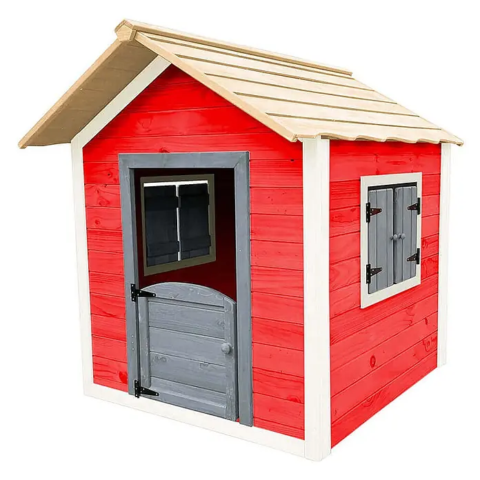 Home Deluxe Spielhaus DAS KLEINE SCHLOSS - Holz, Rot - Rotes Holzspielhaus mit Naturholzdach, grauer Tür und weißer Zierleiste.