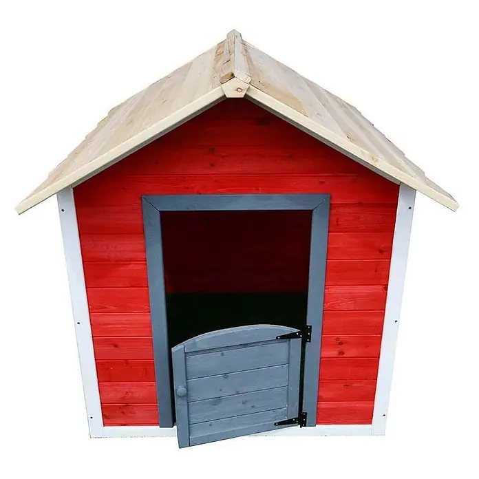 Home Deluxe Spielhaus DAS KLEINE SCHLOSS - Holz, Rot - Rotes Holzspielhaus mit hellem Holzdach und grauen Zierleisten, Tür leicht geöffnet.