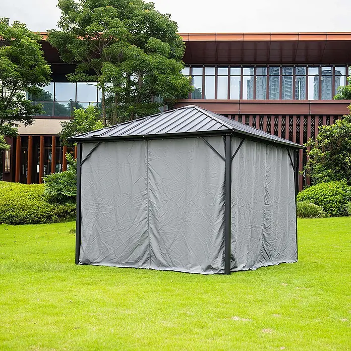 Home Deluxe Standard-Pavillon Seitenwand Vorhang AZUR - B x T: 270 x 270 cm, Farbe Gestell: Schwarz, Kunststoff - Graues Outdoor-Pavillon mit schwarzem Gestell und dunklem Dach.