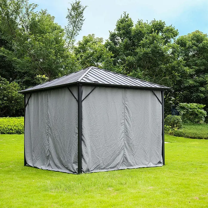 Home Deluxe Standard-Pavillon Seitenwand Vorhang AZUR - B x T: 270 x 270 cm, Farbe Gestell: Schwarz, Kunststoff - Grauer Outdoor-Pavillon mit schwarzem Rahmen und dunklem Dach.