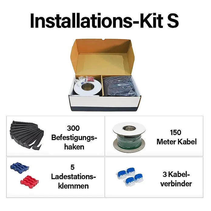 Home Deluxe Mähroboter-Set LADO S Größe: S - 500 m² - Installations-Kit S: 150m Kabel, 300 Befestigungshaken, 5 Ladestationsklemmen, 3 Kabelverbinder.