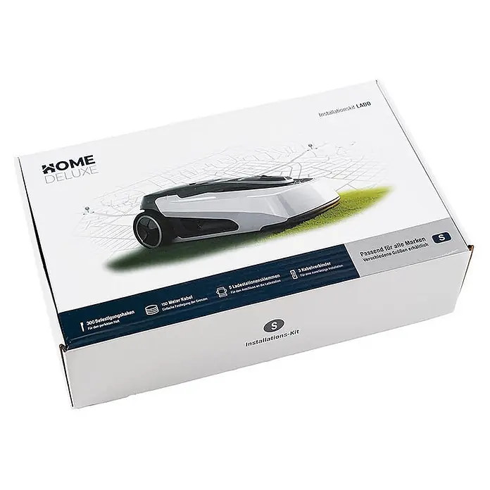 Home Deluxe Mähroboter-Set LADO S Größe: S - 500 m² - Weiße Box eines Installationskits (Größe S) für Mähroboter, mit Abbildung eines Mähers und Zubehörliste.