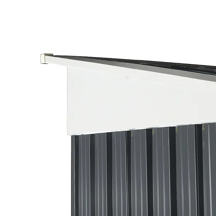 Home Deluxe Gerätehaus BOHIO M (B x L x H) 195 x 121 x 180 cm - Außenbreite inkl. Dachüberstand: 195 cm, Außentiefe inkl. Dachüberstand: 121 cm, Stahl, Anthrazit - Oberer Bereich einer grauen Wellblech-Schuppenwand mit weißem Dachabschluss.