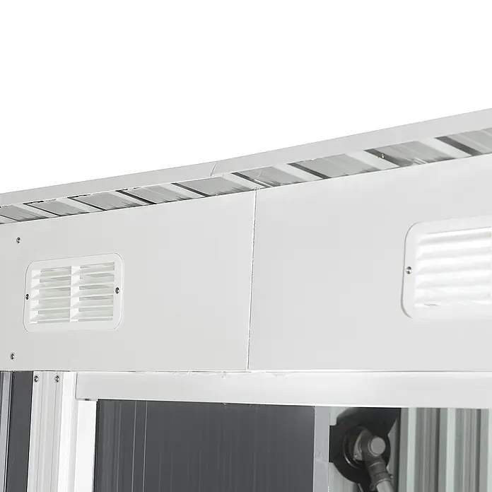 Home Deluxe Gerätehaus BOHIO M (B x L x H) 195 x 121 x 180 cm - Außenbreite inkl. Dachüberstand: 195 cm, Außentiefe inkl. Dachüberstand: 121 cm, Stahl, Anthrazit - Weiße Paneele mit Lüftungsgittern, Teil einer Gewächshausstruktur.