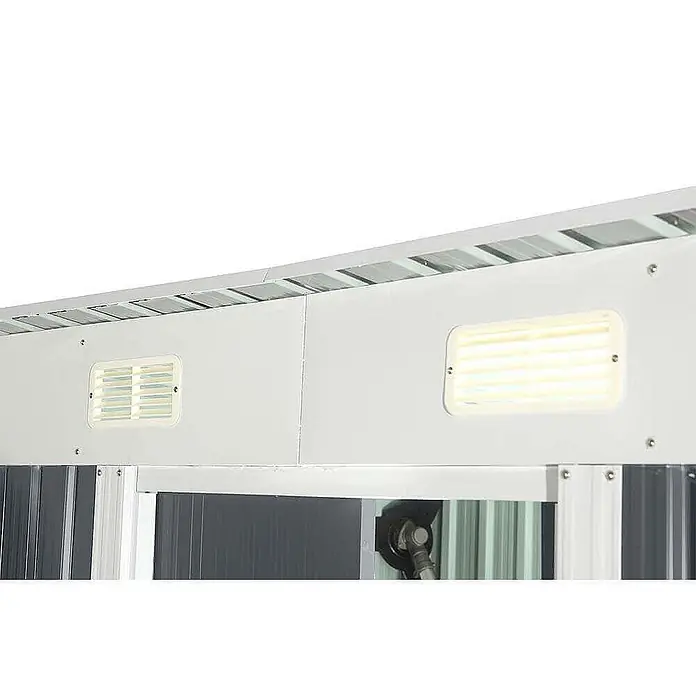 Home Deluxe Gerätehaus BOHIO M (B x L x H) 195 x 121 x 180 cm - Außenbreite inkl. Dachüberstand: 195 cm, Außentiefe inkl. Dachüberstand: 121 cm, Stahl, Anthrazit - Weiße Solar-Außenleuchte mit beleuchteten und unbeleuchteten Rechteckpaneelen.