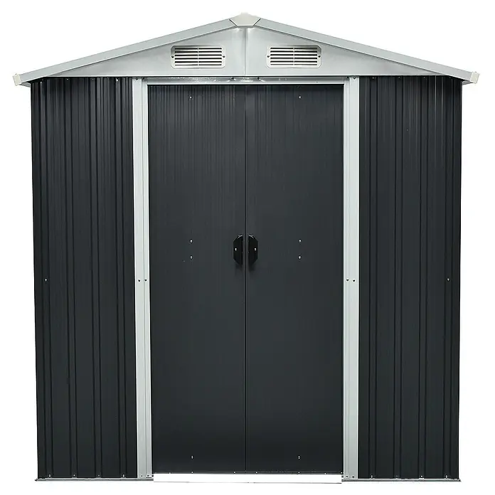 Home Deluxe Gerätehaus BOHIO L (B x L x H) 204 x 131 x 186 cm - Außenbreite inkl. Dachüberstand: 204 cm, Außentiefe inkl. Dachüberstand: 131 cm, Stahl, Anthrazit - Dunkelgraues Metall-Gartenhaus mit hellgrauem Dach, Doppeltüren und Lüftungsschlitzen.