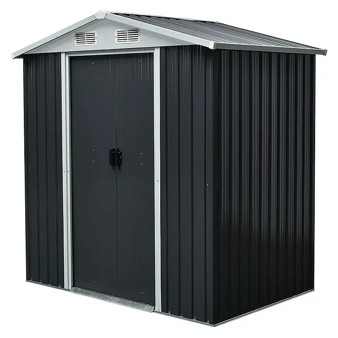 Home Deluxe Gerätehaus BOHIO L (B x L x H) 204 x 131 x 186 cm - Außenbreite inkl. Dachüberstand: 204 cm, Außentiefe inkl. Dachüberstand: 131 cm, Stahl, Anthrazit - Dunkelgraues Metall-Gartenhaus mit Doppeltüren, grauem Dach und Lüftungsschlitzen.
