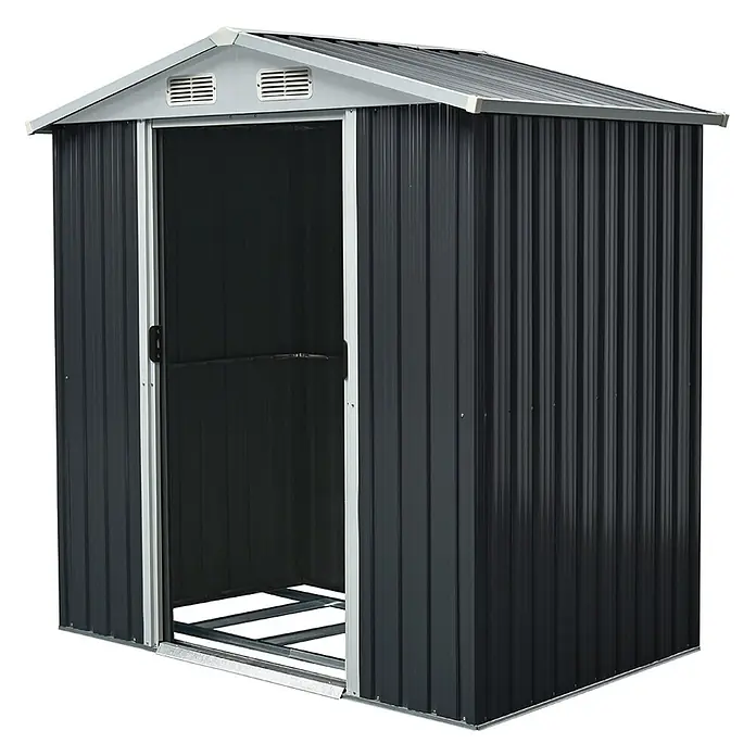 Home Deluxe Gerätehaus BOHIO L (B x L x H) 204 x 131 x 186 cm - Außenbreite inkl. Dachüberstand: 204 cm, Außentiefe inkl. Dachüberstand: 131 cm, Stahl, Anthrazit - Dunkelgrauer Wellblech-Gartenschuppen mit Pultdach und offener Schiebetür, der das Innenleben zeigt.