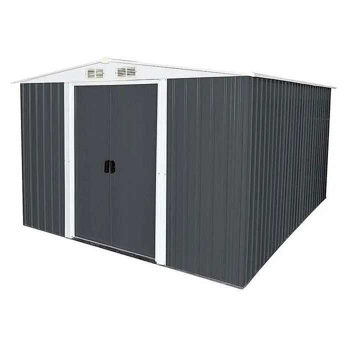 Home Deluxe Gerätehaus BOHIO XXL (B x L x H) 257 x 313 x 178 cm - Außenbreite inkl. Dachüberstand: 257 cm, Außentiefe inkl. Dachüberstand: 313 cm, Stahl, Anthrazit - Dunkelgrauer Wellblech-Gartenschuppen mit weißem Rand und Dach, Doppeltüren und Lüftungsöffnungen.