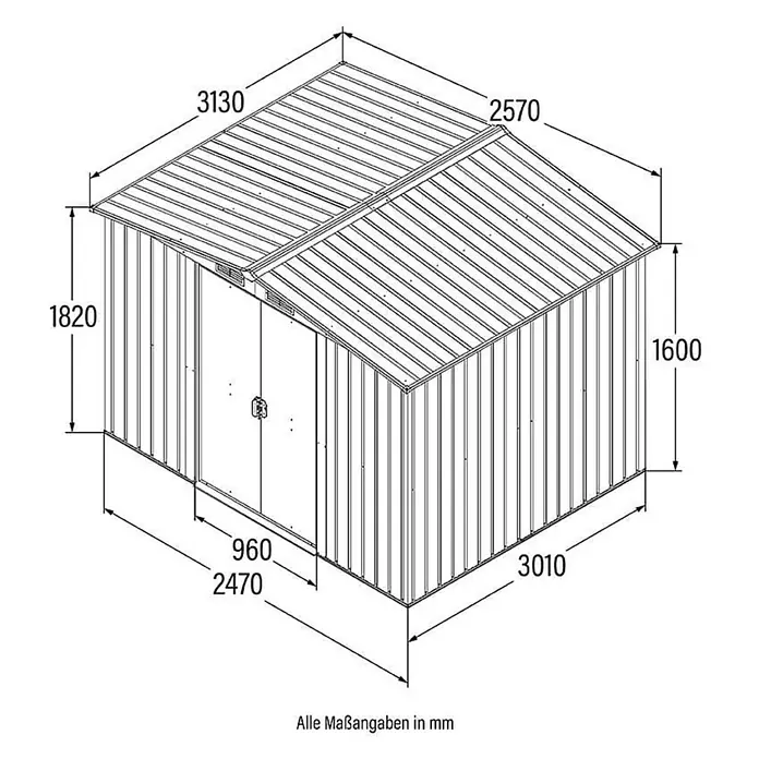 Home Deluxe Gerätehaus BOHIO XXL (B x L x H) 257 x 313 x 178 cm - Außenbreite inkl. Dachüberstand: 257 cm, Außentiefe inkl. Dachüberstand: 313 cm, Stahl, Anthrazit - Detaillierte Zeichnung eines Gartenhauses mit Maßen in Millimetern.