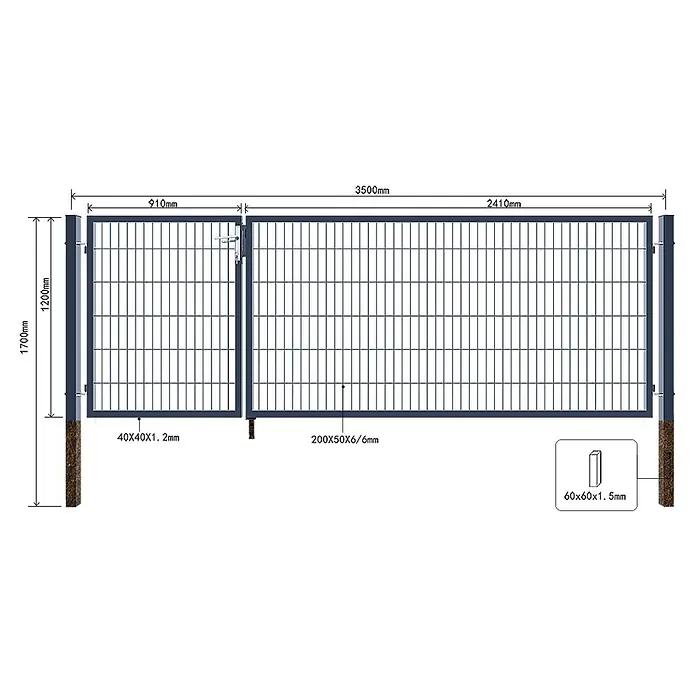 Home Deluxe Gartentor ADITUS - Anthrazit, Stahl - Dunkelgraues Metallzaunsystem mit Tor, Maße: Gesamtbreite 3500mm, Höhe 1700mm, mit Vierkantpfosten und Gitterfeldern.